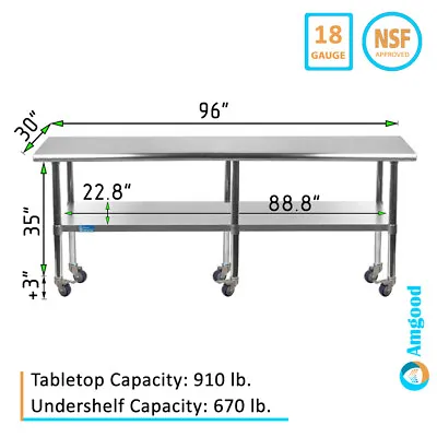 30  X 96  Stainless Steel Table With Wheels | NSF Prep Metal Work Table Casters • $1024.95