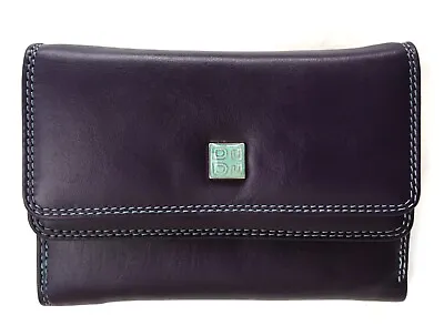 DuDu Purple Leather RFID Wallet Trifold With Double Flap Vera Pelle • $54.95