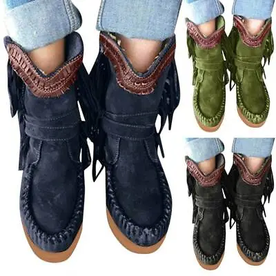 £22.07 • Buy Womens Suede Fringed Moccasin Ankle Boots Ladies Flat Platform Casual Shoes Size
