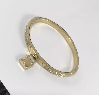 VTG Michael Kors Gold Tone Pave Crystals Hinged Bangle Bracelet Lock Charm. #810 • $28.86