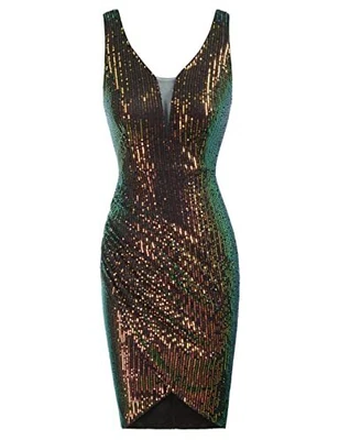 $13.99 • Buy GRACE KARIN Women Deep V Neck Party Mini Dress U Back Sequin Irregular Hem Size