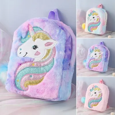 Kids Rainbow Fluffy Unicorn Backpack Plush Back To School Rucksack Zipper|--NEW • $23.63
