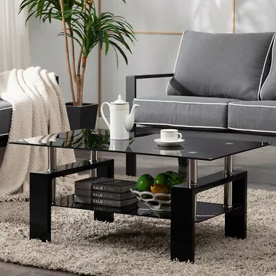 Black Glass Coffee Rectangular Table Modern W/Shelf Wood Living Room Furniture • $88.99