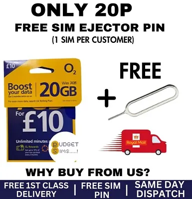 02 Sim Card 20GB £10 Pay As You Go Micro Nano PAYG  Only 20p + Free Sim Pin  • £0.99