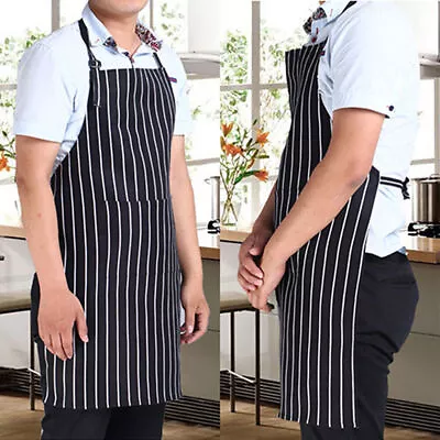 Adjustable Cooking Apron Kitchen Chef Stripe Bib Apron W/ 2Pockets For Men Women • $5.99