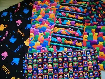 $26 • Buy 5 Yd Vintage Bright Color Cat Quilt Cotton Fabric Stash Lot Hi-Fashion 1997 OOP