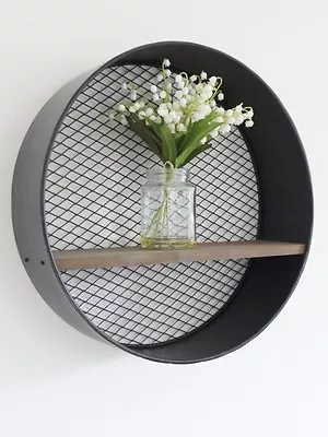 Retro Industrial Metal Wall-Mounted Circular/Round Wooden Shelf With Mesh Back • £30.99