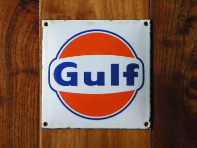 VINTAGE GULF PORCELAIN SIGN ~4-3/4  X 4-3/4  MOTOR OIL PUMP GAS STATION GARAGE • $55