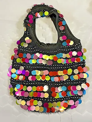 Multi-color Crochet Knit Sequin Beaded Black Hobo Handbag Purse • $17.98