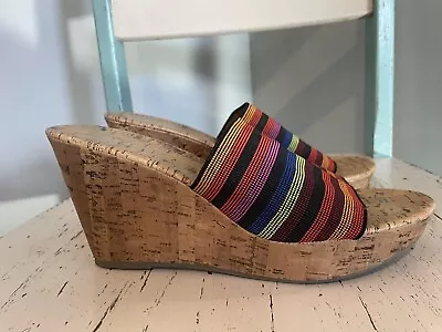 Montego Bay Club Sz 9.5 Multicolor Striped Cork Wedge Open Toe Platform Sandals • $17.99