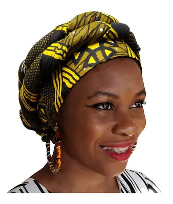 Black Yellow African Print Ankara Modu Hat Pre-tied Head Wrap DPH3210PT • $27.95