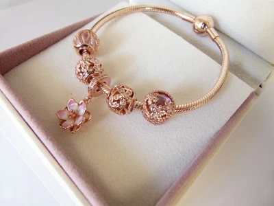 $239 • Buy Genuine Pandora Rose Gold Bracelet With Flower Charm &Flower Beads* Easter Promo