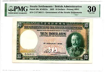 Straits Settlements 10 Dollars 1.1.1935 Pick 18b KNB22e PMG Very Fine 30. • $1388.88