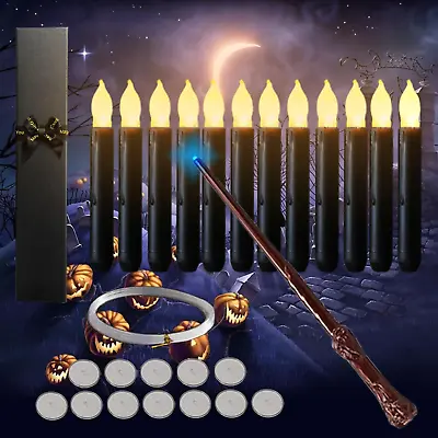 Floating Black Candles With Magic Wand Remote 12 Pcs Hanging Candles Flickerin • $34.99