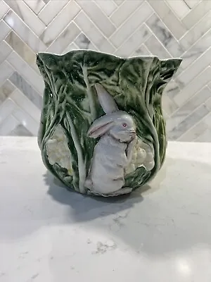 Vintage Majolica Bunny Rabbit Cabbage Leaf Vase 6.5” T X 7” W Handmade In Italy • $33