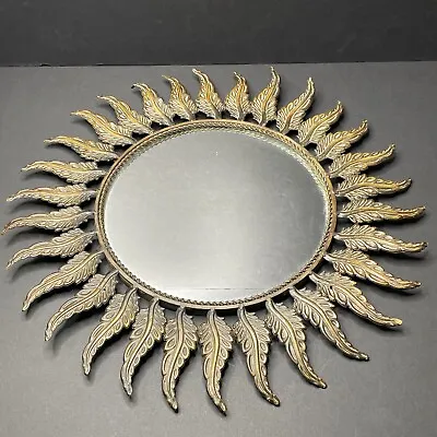 Vintage MCM Art Deco Sunburst Brass Coated Fern Leaf Circle Wall Mirror 20 X20  • $399.99