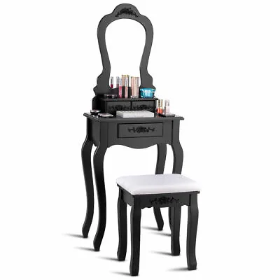 Vanity Wood Makeup Dressing Table Stool Set Jewelry Desk  Drawer Mirror Black • $119.99