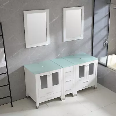 White 60  Bathroom Vanity Cabinet Optional Double Sink Tempered Glass Top Mirror • $949.99