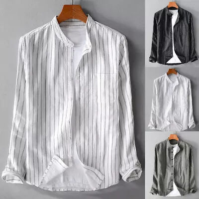 Men Long Sleeve Retro Striped Shirt Collarless Grandad Casual Dress Shirts Tops♪ • $19.49