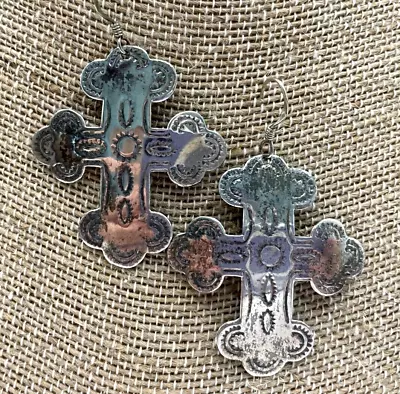 Vintage 925 Sterling Silver Big Southwest Cross Pierced Earrings • $29