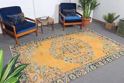 Vintage Turkish Rug | Large 5.3x8.3 Ft Yellow Wool-Cotton Blend From The 1970's  • $300