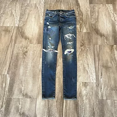 Amiri Distressed Bandana Patchwork Skinny Blue Jeans Mens Size 31 Designer • $200