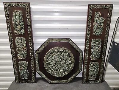 Mayan? Calendar Green Malachite Aggregate Wood Wall Decor Mexican 3 Lot Set MCM • $1487