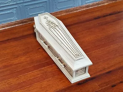 JBM Miniature Coffin Ornate Opens Lined Unpainted Wood Dollhouse 6  Long • $82