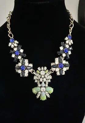 J Crew Signed Blue Green Clear Gold Chain Crystal Cluster Statement Necklace • $20.39