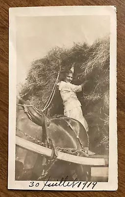 1919 Rural Farm Field Woman Smiling Horse Pulled Hay Wagon Working Photo P10w24 • $14.99