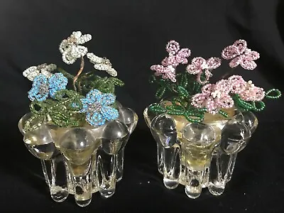 2 Vintage Seed Beaded Handmade Flowers  In 4.5  Vintage Glassware Candle Holders • $15.95