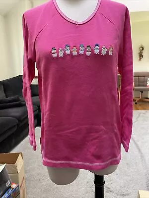 Quacker Factory Pink Snowman Embroidered Long Sleeve Top Size XS • $24.47