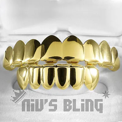 18K Gold Plated STAINLESS STEEL GRILLZ 8 Tooth Top & Bottom Hip Hop Mouth Grill • $14.99