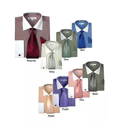 Men's Striped Formal Casual Dress Shirt With French Cuff LinksTie And Hanky  • $21.99