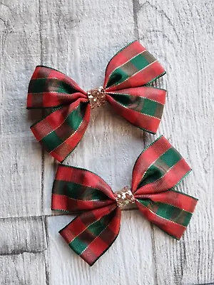 Christmas Hair Clips Handmade Red And Green Tartan Hair Bow 2 Set  Accessories • £2.70