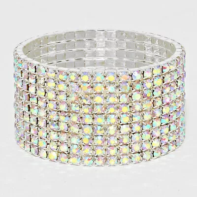 Wide Rhinestone Stretch Bracelet 9 Rows SILVER AB Crystal Evening Event Pageant  • $14.99