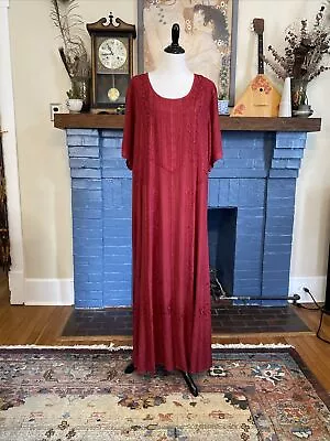 Vintage 3X Bohemian Embroidered Maxi Dress Short Sleeve India Burgundy Red • $29.99