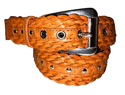 MICHAEL KORS Sz L Honey Brown Wide Leather Studded Woven Belt Silver-tone Buckle • $26.09