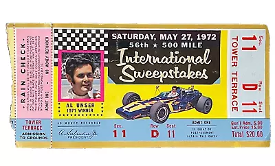 INDY 500 TICKET STUB 1972 Indianapolis 500 Al Unser Racing Race Car Racing-Indy • $12