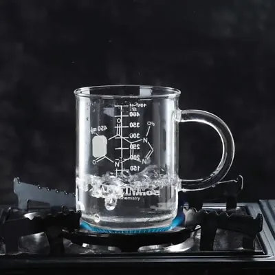 Glass Beaker Mug With Handle Transparent Measuring Cup Caffeine Molecule Pattern • $34.99