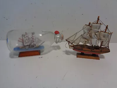 Vintage Newport Beach CA Ship In A Bottle  & Small Wood Clipper Ship FREE SHIP • $24