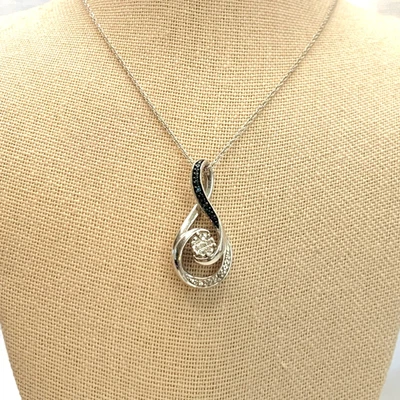 $39 • Buy Sterling Silver 925 Black & White Diamond Slide Pendant Swirl Design 16  Chain