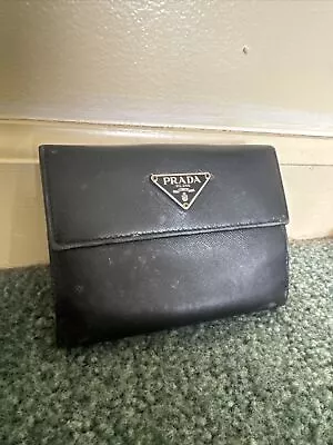 Authentic Vintage Prada Leather Tri-Fold Flap Black Coin Wallet • $75