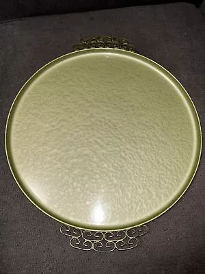 Vintage Green Mid Century Moire Glaze Kyes Tray With Ornate Brass Handles 14.5” • $31