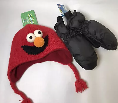 Childs Elmo Winter Hat And Mittens Set Sesame Street Touque Set Sz 6-8 Years Red • $14.90