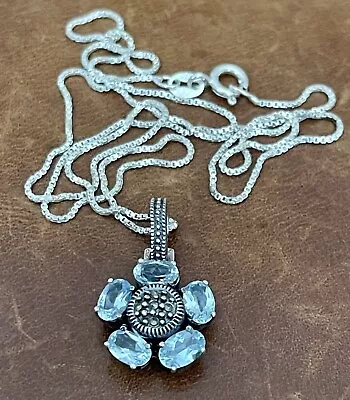 Vintage Sterling 925 Blue Topaz & Marcasite Cluster Flower Pendant Necklace 20” • $35