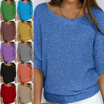 Ladies Jumper Tops Crew Neck Sweater Women Warm Solid Color Work Pullover Loose • £15.99