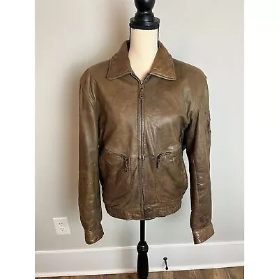 Geronimo Brown 100% Leather Bomber Jacket Pockets Collar Map Lining Men's M • $58.49