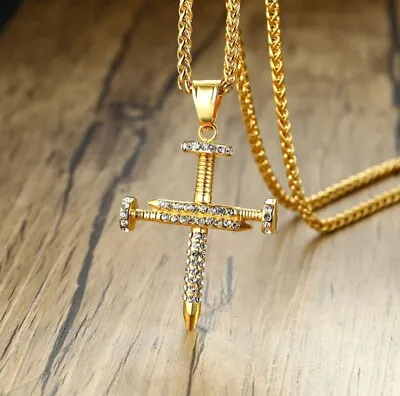 Men Titanium Stainless Steel 49 Mm Gold Cubic Zircon Nail Cross Necklace 23.5  • $17.99