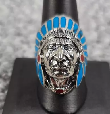 Modern Men's Sterling Silver Turquoise Coral Indian Head Ring 11.6 Grams Size 11 • $55